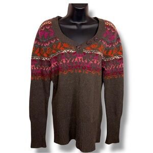 Large Fitted DKNY Alpaca Wool Blend Sweater Long Sleeve Olive/Brown Floral